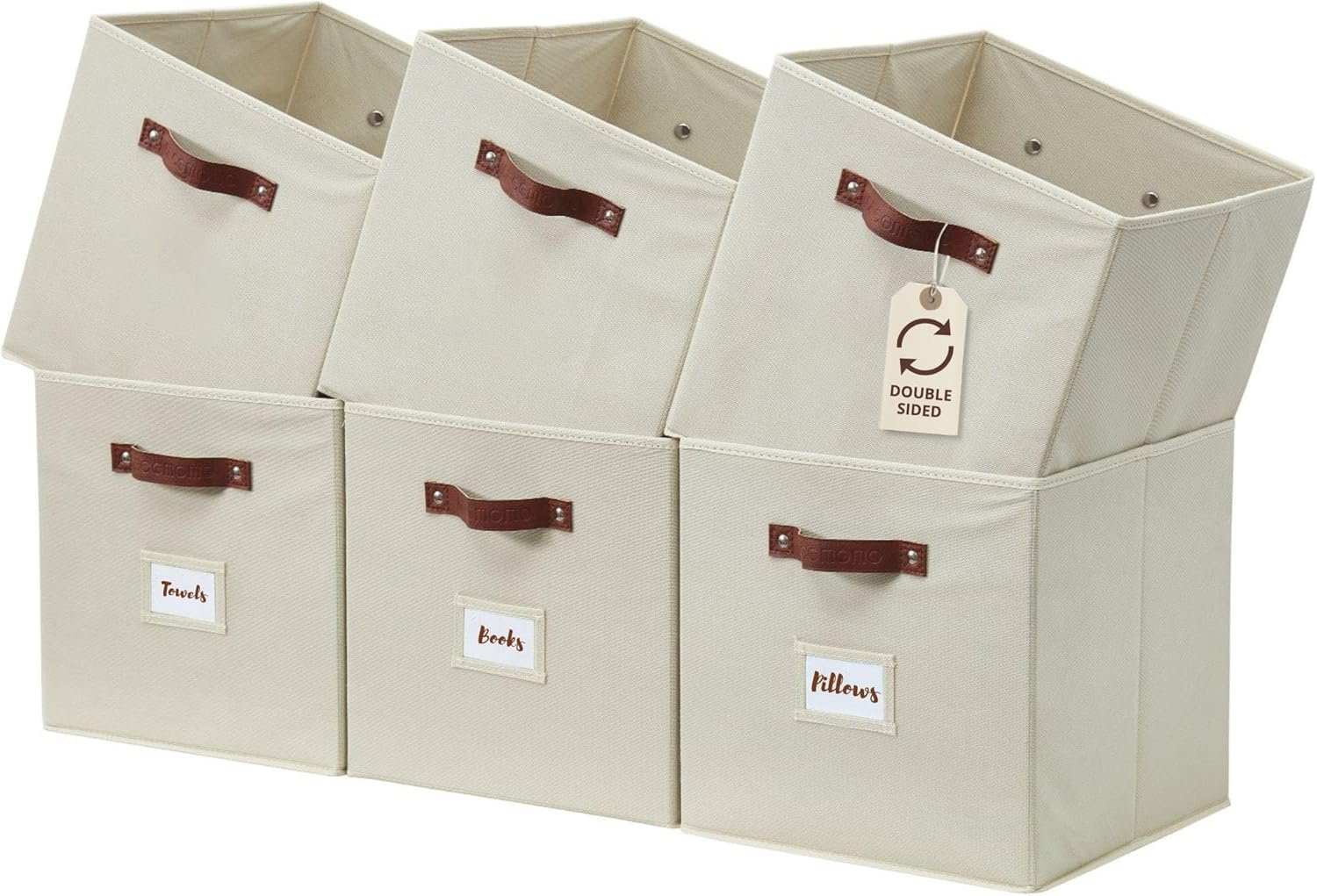 DECOMOMO Storage Bins, Cube Storage Bin with Labels, Fabric Storage Cubes for Shelves (10.5″ x 11″ / 6pcs, Beige)
