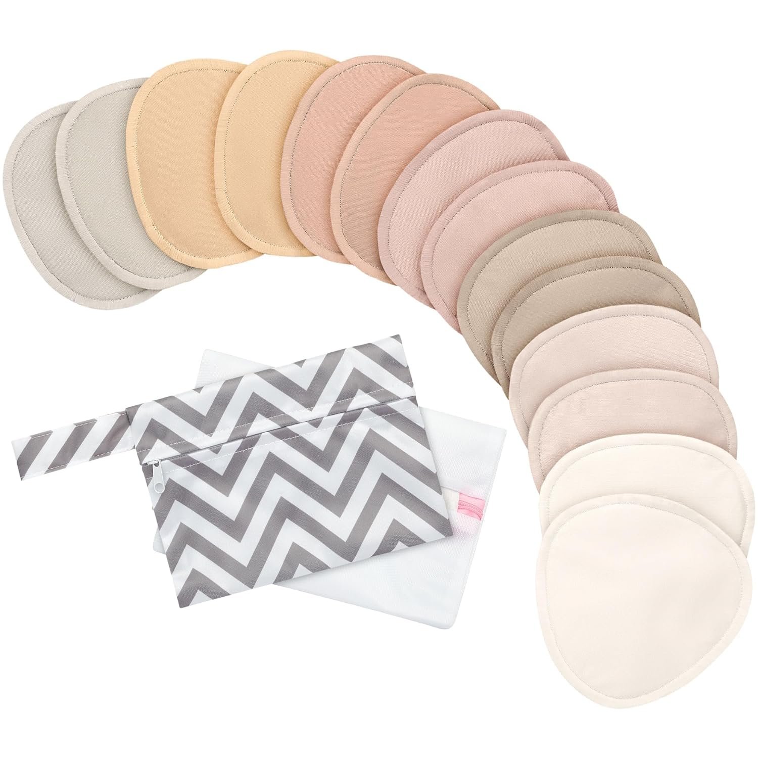 Organic Nursing Pads – 14 Washable Breast Pads for Breastfeeding, Wash Bag, Reusable Nipple Covers for Breastfeeding Essentials, Soft & Absorbent (Neutrals, L 4.8″)