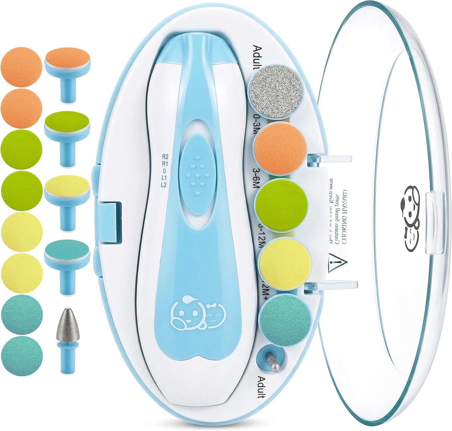 Royal Angels Upgraded 21 in 1 Baby Nail Trimmer with Labeled Case, 13 Extra Replacement Pads, Safe Electric Baby Nail File Kit for Newborns & Toddlers, Whisper Quiet Nail Clipper with LED Light (Blue)