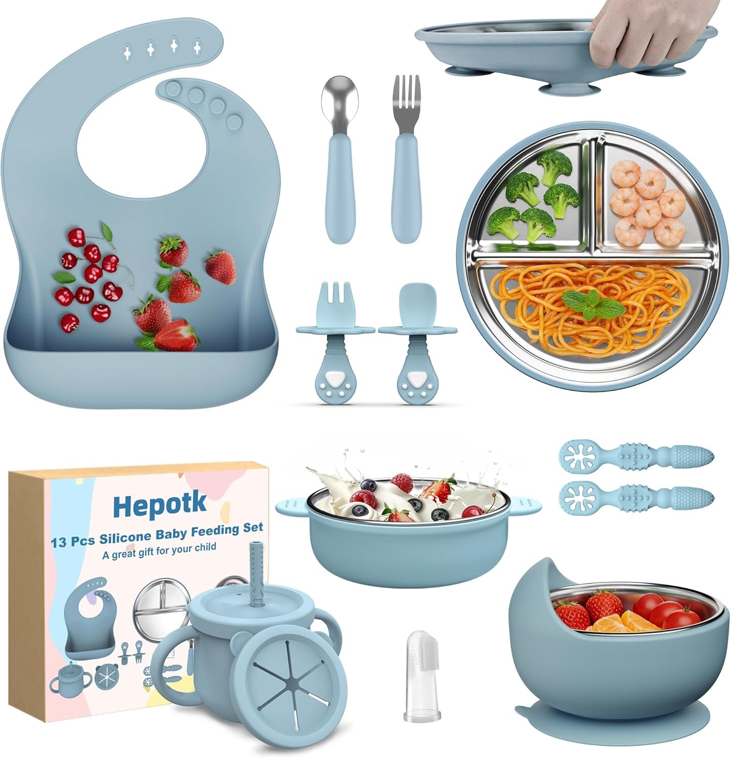 13 Pack Silicone Baby Feeding Set, BPA-Free Stainless Steel Toddler Feeding Supplies, Include Suction Plates, Baby Bowls, Silicone Fork & Spoon, and More, First Stage Baby Dish Set – 6+ Months