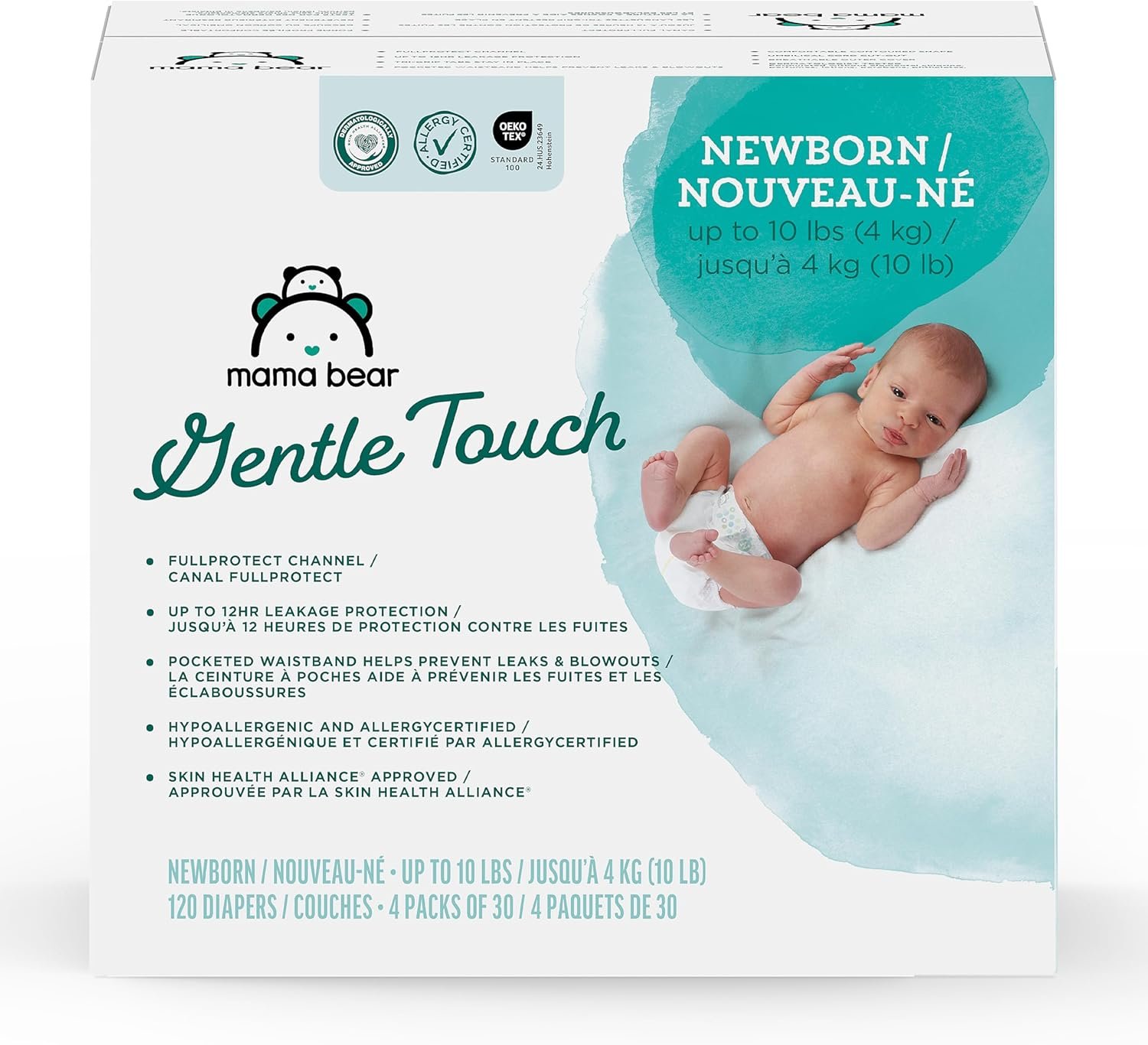 Amazon Brand – Mama Bear Gentle Touch Diapers, Hypoallergenic with Leak Protection, Size Newborn, 120 Count (4 packs of 30)