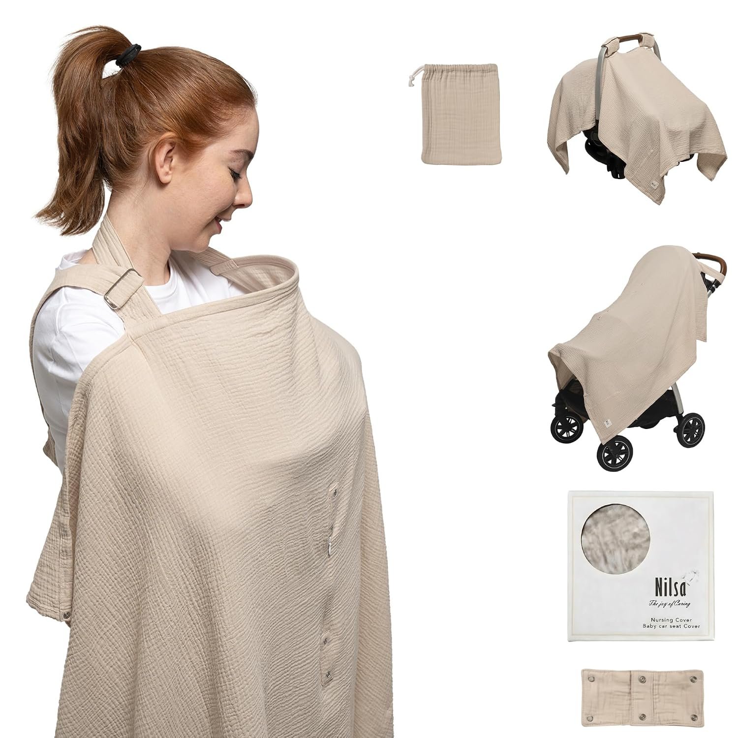 Nilsa 5-in-1 Muslin Nursing Cover up for Breastfeeding & Baby Car Seat Cover – Breathable Breastfeeding Cover With Rigid Hoop – 100% Cotton Privacy Apron Breast Feeding Covers For Women (Ecru)