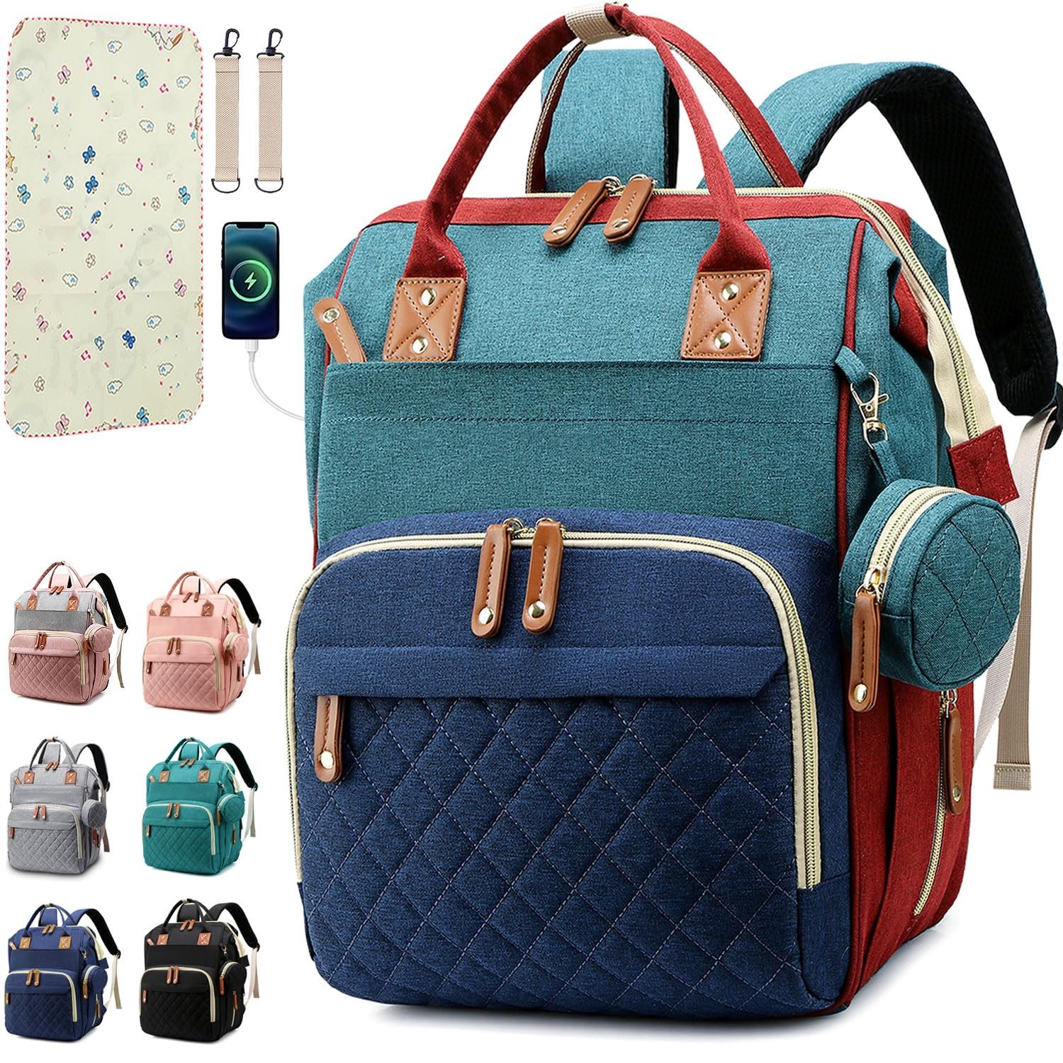 SHITIESHOU Diaper Bag Backpack Baby Bag, Baby Girl Boy Diaper Bag for Dad Mom with Pad, 16 Pockets, Pacifier Case, Large Diaper Bags Unisex for Travel (Colorful)