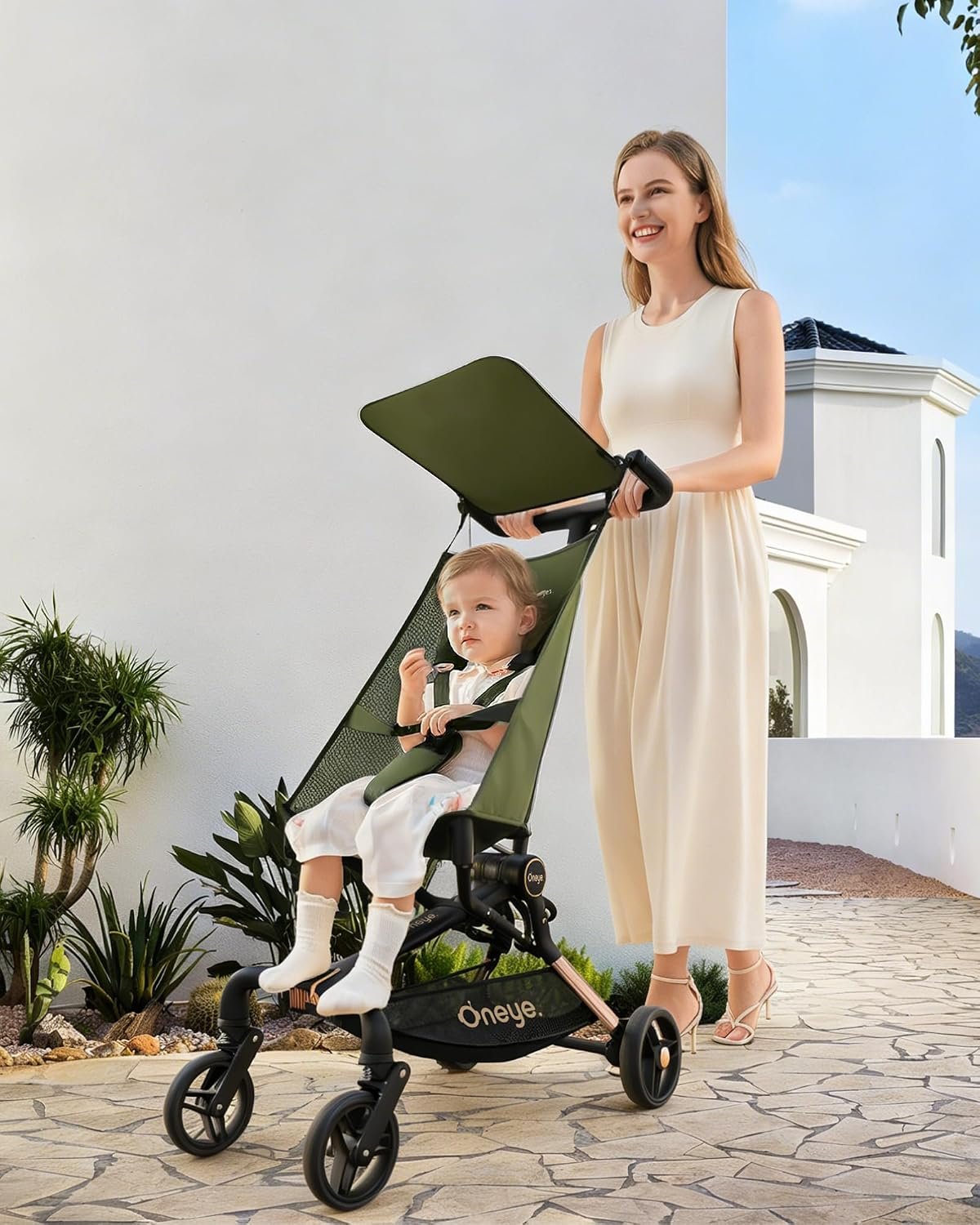 Oneye Travel Stroller for Airplane, Ultra Lightweight Baby Stroller for Toddlers with Canopy, Foldable & Compact Strollers with Jumbo Seat & Large Storage Basket,10.19lb,Stable & One-Hand Fold, Green