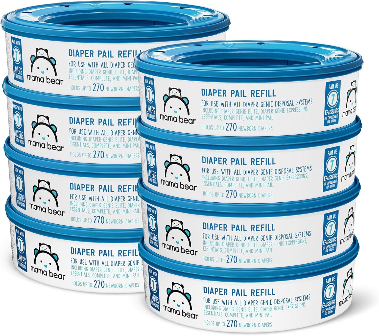 Mama Bear Diaper Pail Refills for Genie Pails, Unscented, 2160 Count (8 Packs of 270)