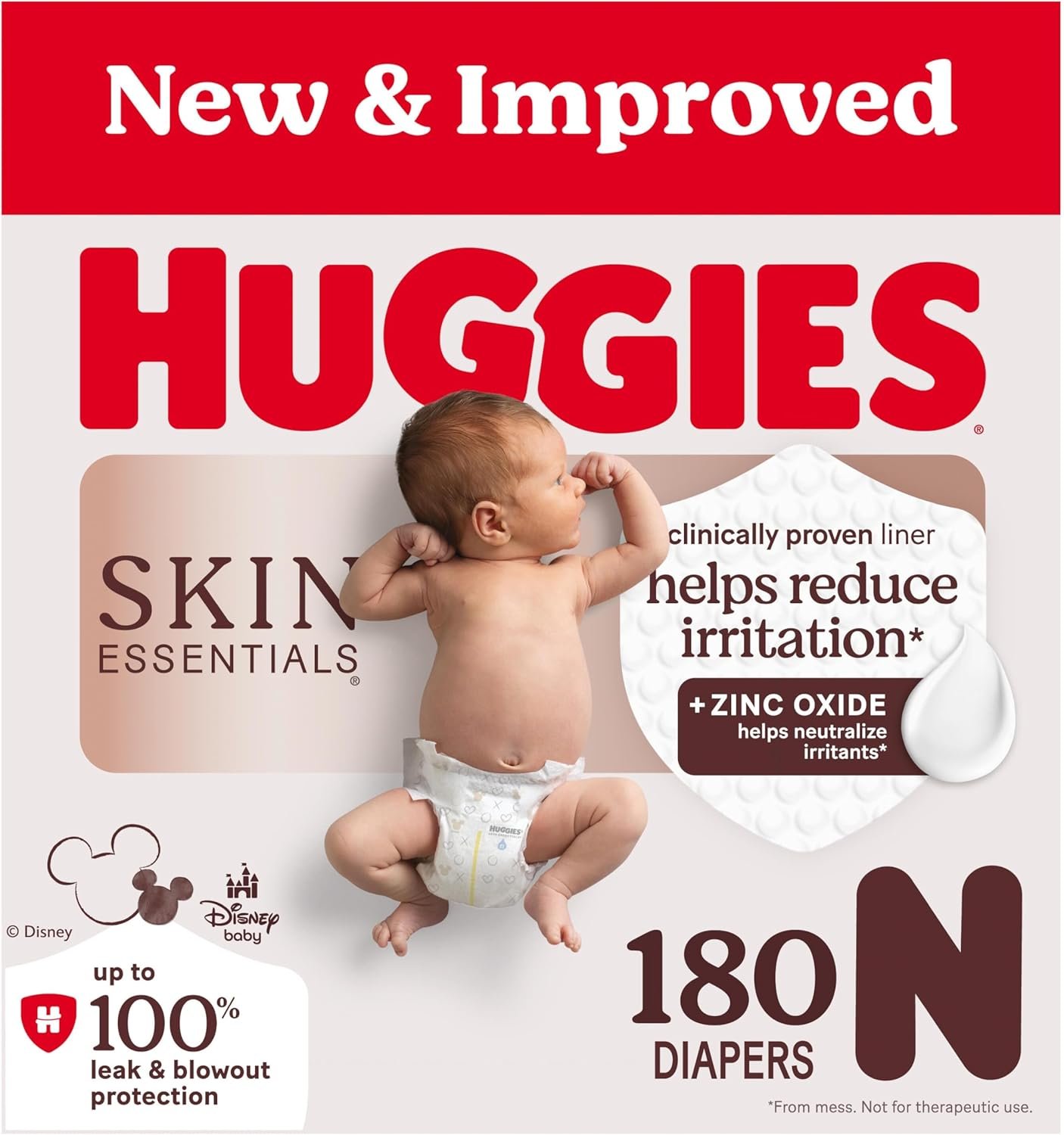 Huggies Size Newborn Diapers, Skin Essentials Baby Diapers, Size Newborn (6-9 lbs), 180 Count (3 Packs of 60), Packaging May Vary