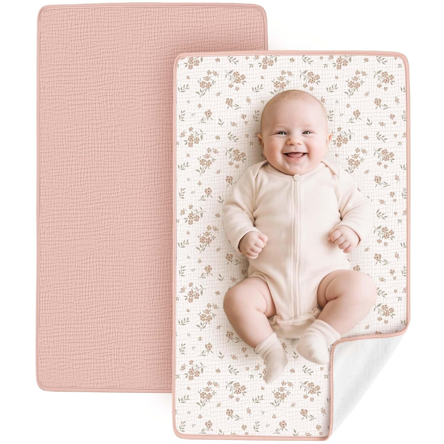 Konssy 2 Pack Waterproof Muslin Cotton Portable Changing Pad 30″x 17″, Soft & Foldable Baby Changing Mat Travel Pad with Terry Backing, Shower Gift for Newborn Girls Boys (Pink,Blossom)