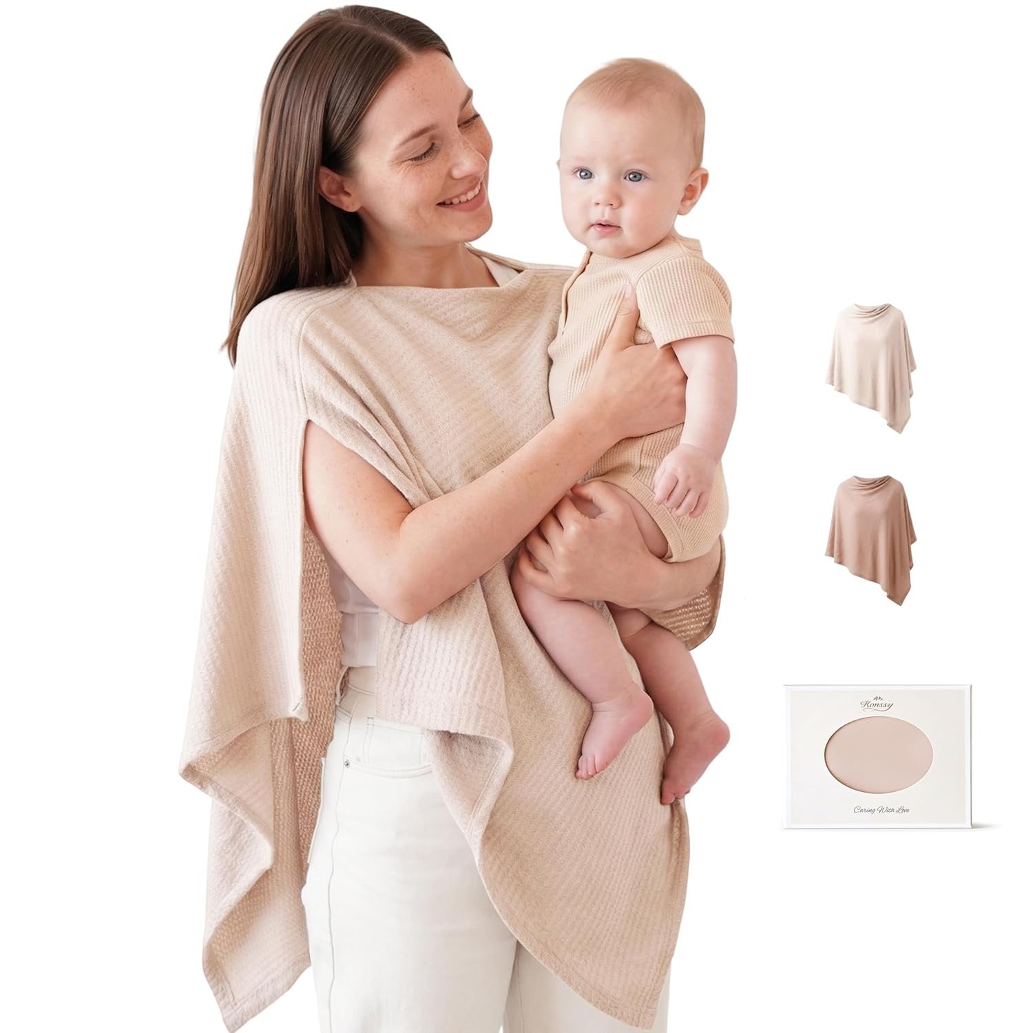Konssy Nursing Cover for Breastfeeding, Soft & Breathable Privacy Poncho, Multi-Use Feeding Shawl, Comfortable & Portable Breastfeeding Cover for Women (Beige)