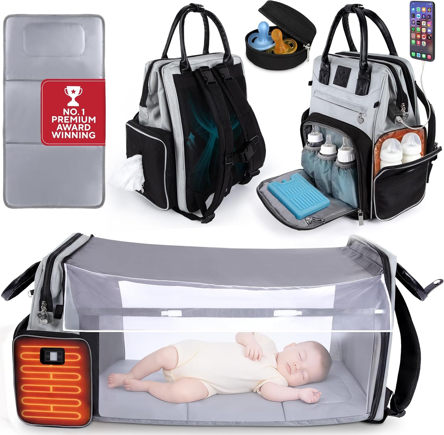 Award-Winning Baby Diaper Bag with Changing Station –Large Multifunction Waterproof Diaper Bag Backpack , Warm Bottle Pockets, Travel Baby Organizer Mom & Dad, Baby Essentials Must Have, Newborn Gift