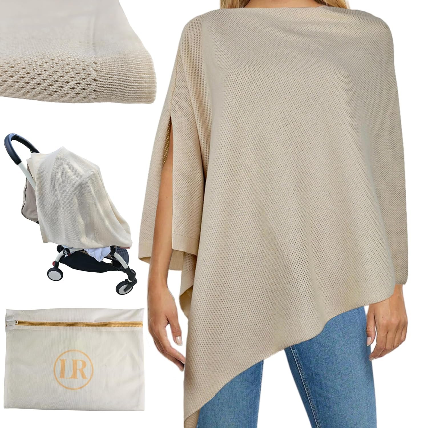 Little Rou Nursing Cover for Breastfeeding, Breathable Organic Cotton & Cashmere Poncho, Privacy Peekaboo Feature, Soft Breast Feeding Shawl for Women – Includes Laundry Bag (Beige)