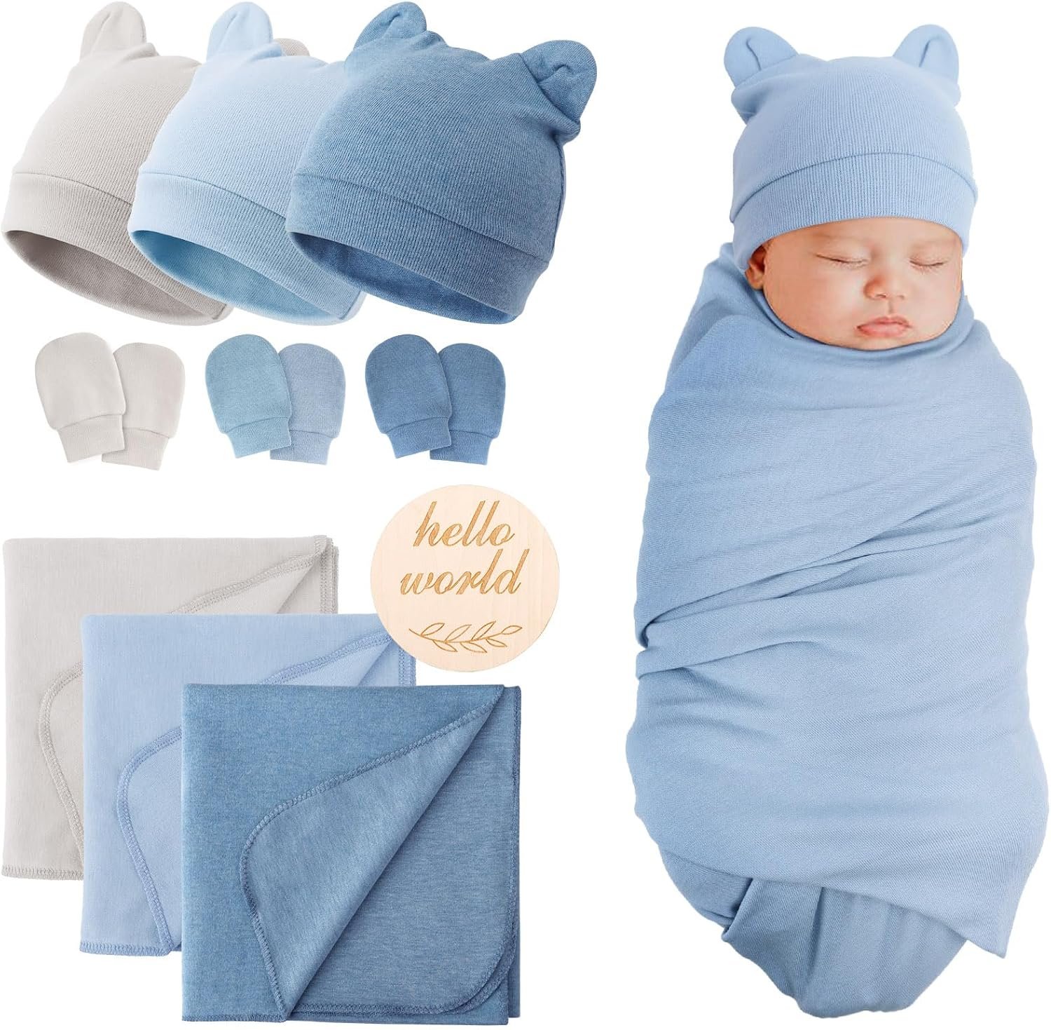 AQOKKA 3 Sets Cotton Baby Swaddle Blankets Wrap with Cute Bear Ears Hats Elastic Mittens Wooden Birth Announcement Card Soft Nursery Receiving Swaddles for Newborn Infant Girl Boy 0-3 Months