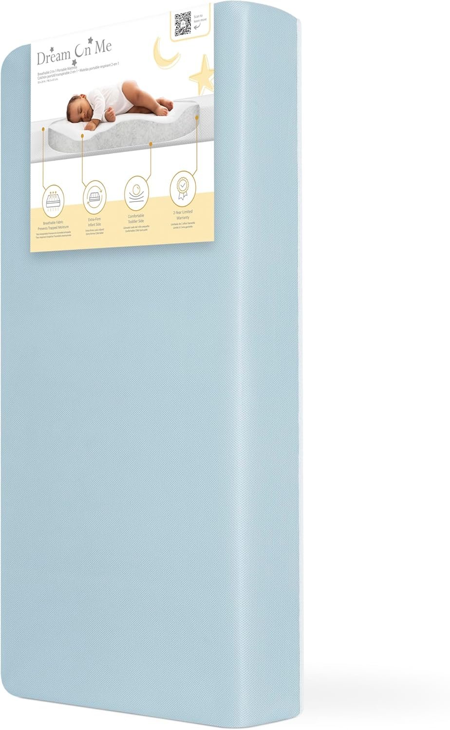 Dream On Me Snuggles Extra Firm Dual-Sided Baby Crib Mattress with Breathable Fabric, Water & Odor Resistant, GREENGUARD Gold Certified, Fits Mini & Portable Cribs (38”x 24”x 3”) – Blue Mist