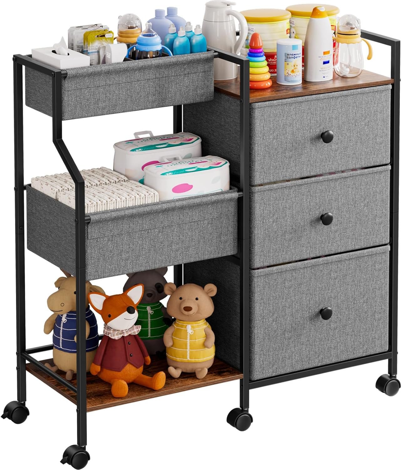 Modanais Baby Diaper Caddy Organizer Cart – 3 Tier Rolling Cart with Dividers and Drawers, Easy To Assemble, Mobile Utility Cart with Wheels for Nursery, Bedroom, Changing Table & Crib
