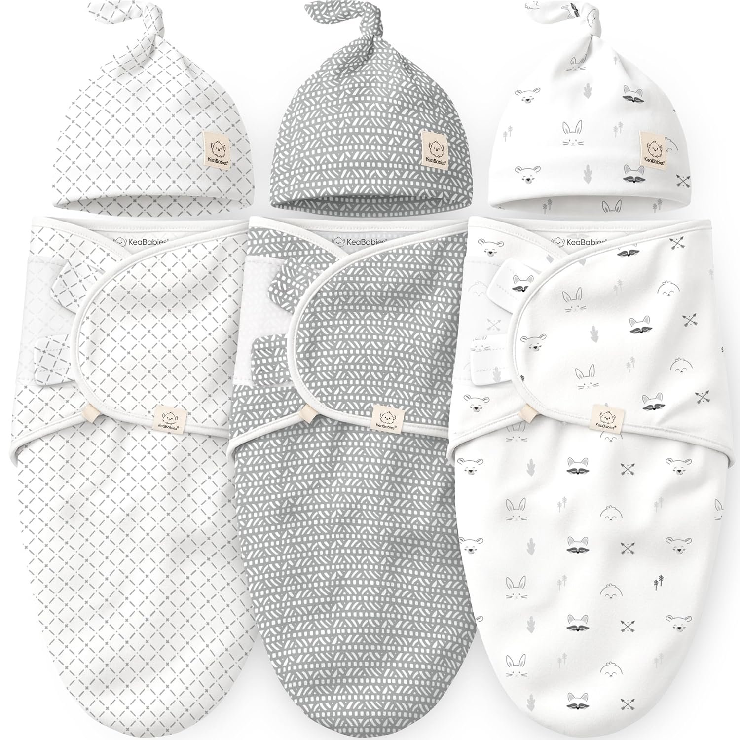 KeaBabies 3-Pack Organic Swaddles for Newborns Girls, Boys with Hats – Soft Cotton Baby Sleep Sacks 0-3 Months, Breathable Baby Hats and Swaddles 0-3 Months, Newborn Essentials Must Haves (Nordic)