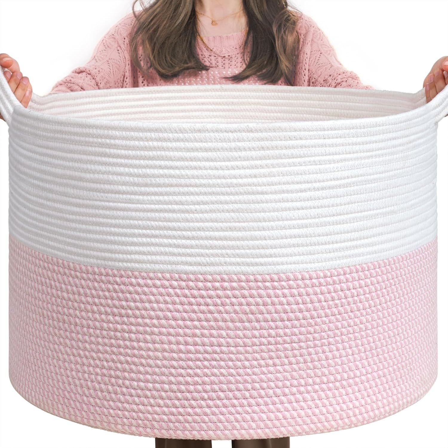 INDRESSME XXXLarge Storage Basket with Handle, Pink Laundry Basket for Nursery Stuffed Animal Storage, Baby Baskets Kids Toy Organizer, 21.7″ x 21.7″ x 13.8″, Pink