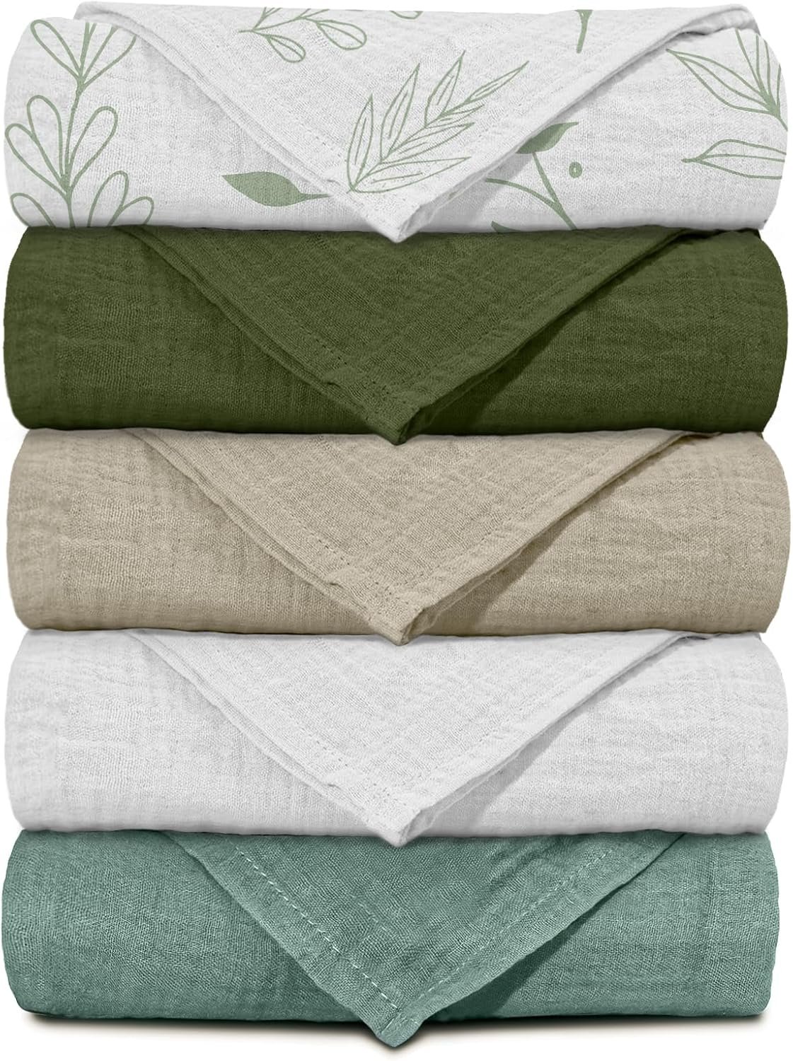 Muslin Receiving Blankets, Neutral Blanket Swaddling for Newborn Boys and Girls, 5 Pack Breathable and Skin-Friendly Swaddle Wrap for Infant Baby (Bright Leaves)
