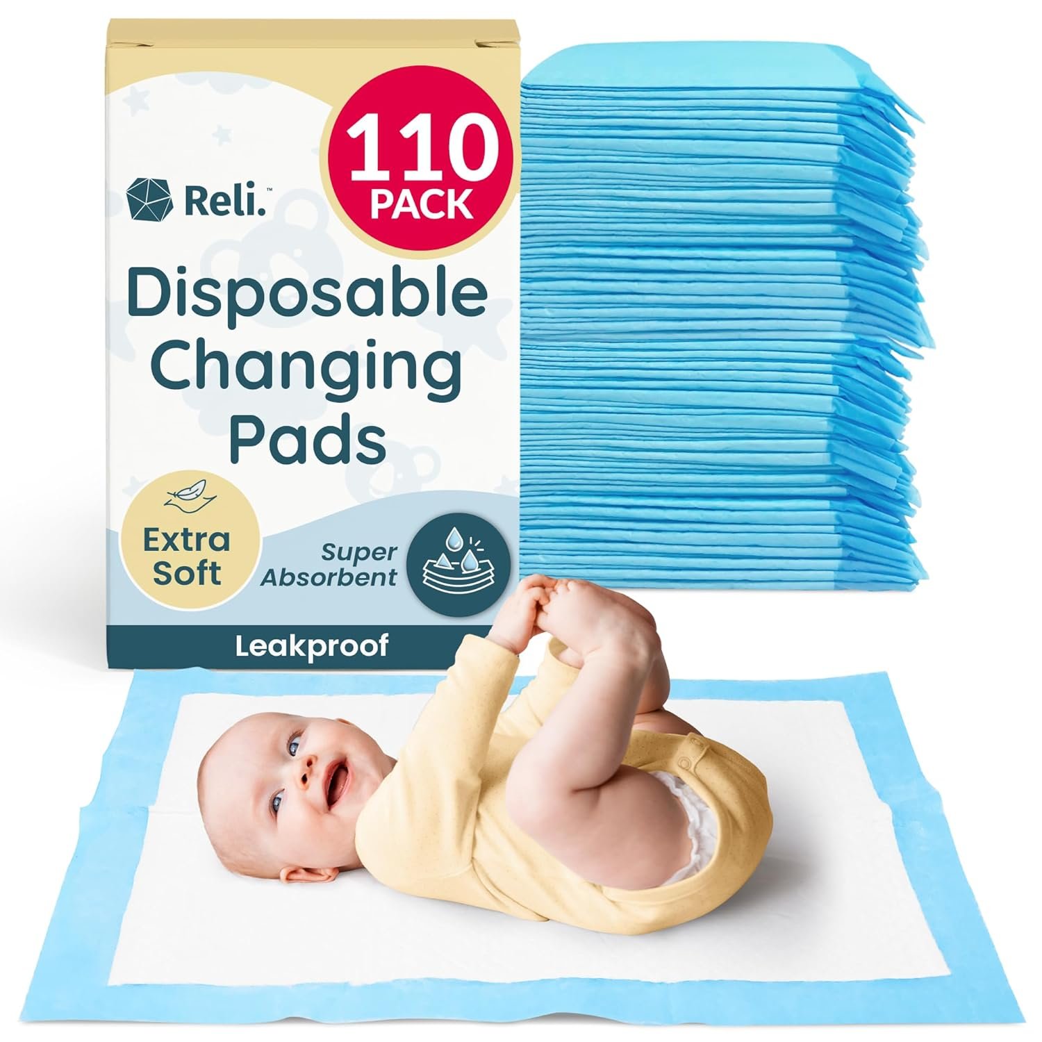 Reli. Disposable Changing Pads for Baby (110 Pack) | Disposable Diaper Changing Pads, 13″ x 18″ | Super Absorbent, Leak-Proof Liners | Waterproof, Quick Dry Underpads (Blue/White)