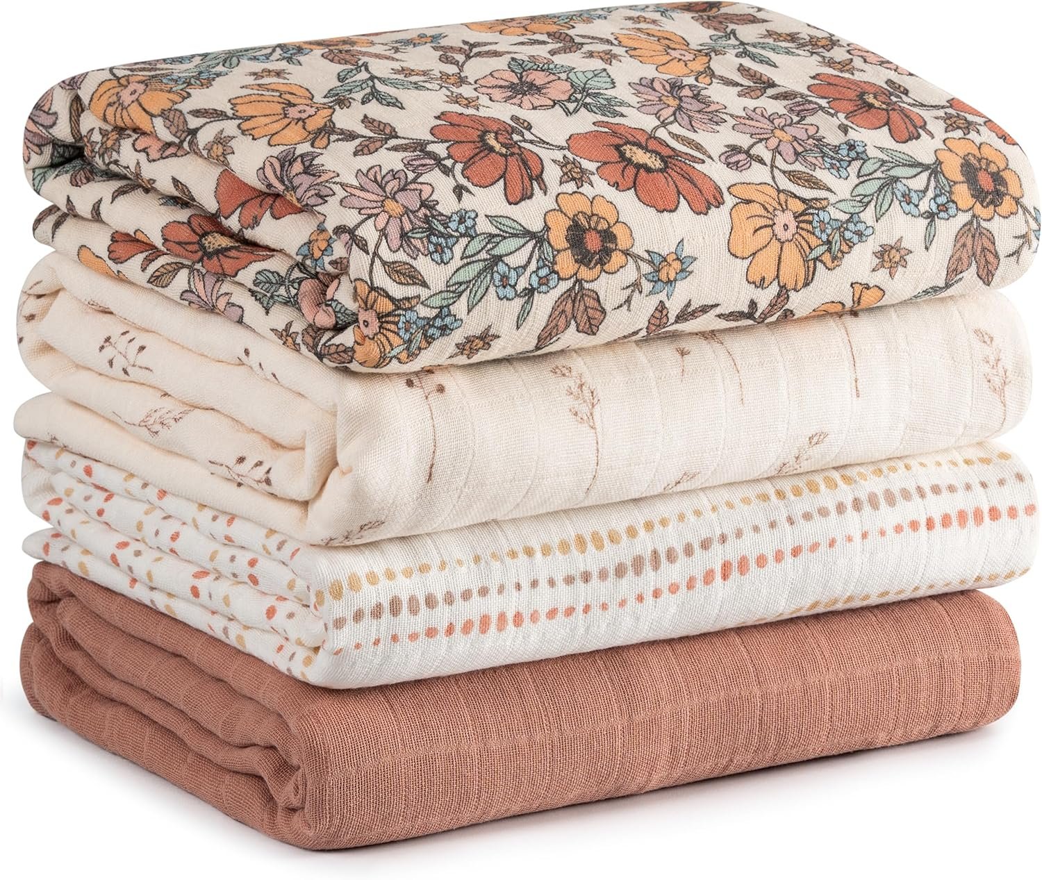 Muslin Swaddle Blankets for Newborn, 4 Pack Cotton Baby Blanket, Large 31.5 x 43.3 inch Breathable Soft Receiving Blanket, Essentials Swaddle Wrap Burping Clothes, Vintage Flowers