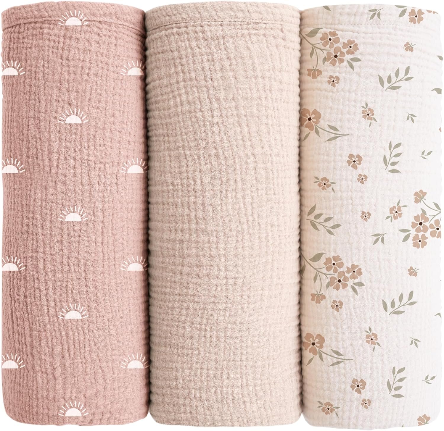 Konssy Muslin Swaddle Blankets for Girls Boys 3 Pack, 100% Cotton Receiving Baby Blanket Large 47 x 47 inches, Soft Breathable Swaddling Wrap for Unisex Newborn (Peach Blossom Sun)