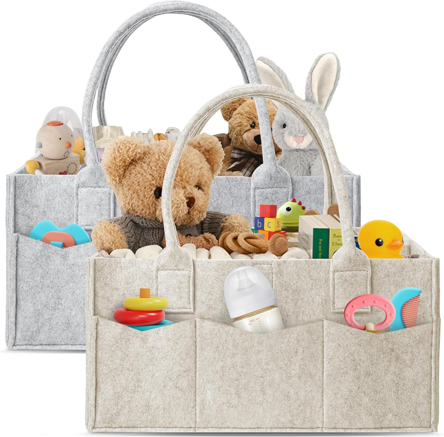HIPHOP PANDA 2-Pack Diaper Caddy Organizer – Newborn Essentials Baby Registry Must Haves – Sturdy Nursery Storage Bin & Portable Car Caddy for Diapers & Wipes – Grey/Oatmeal Gift Set