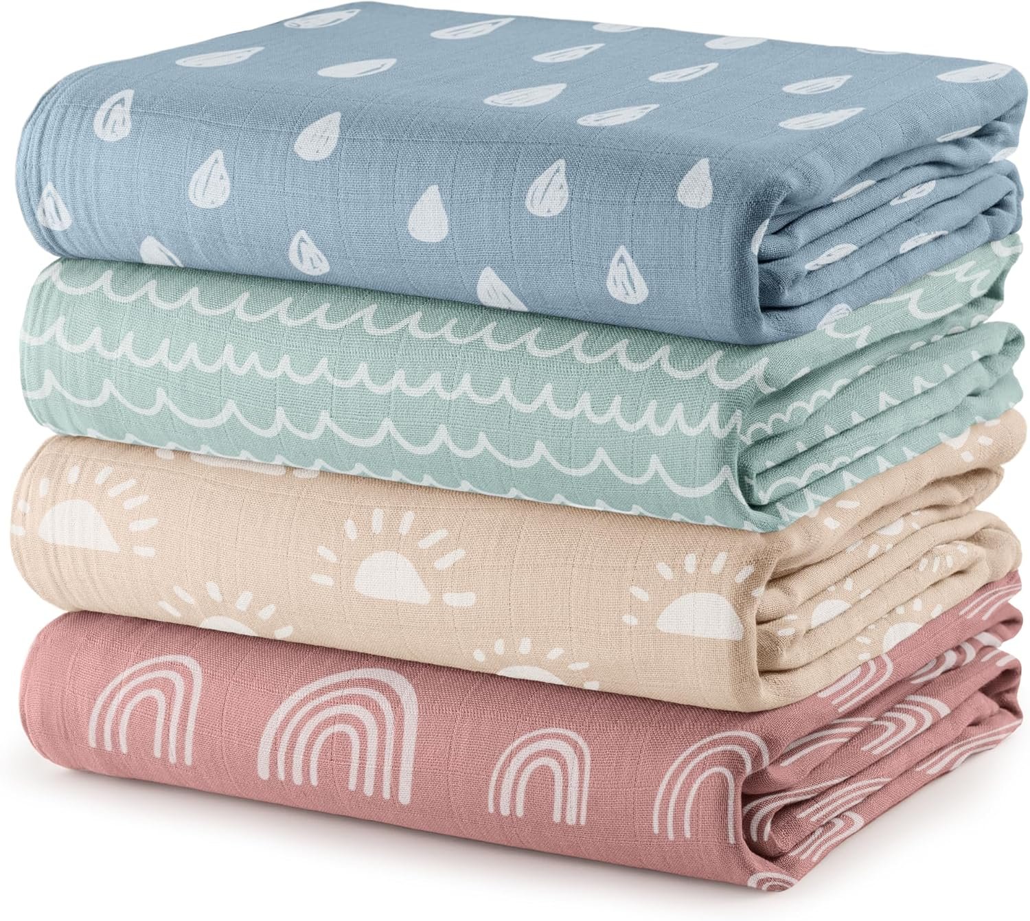 Comfy Cubs Muslin Swaddle Blankets Pack of 4, 47 x 47 Inches, Soft Cotton Baby Blanket Set, Large Multipurpose Swaddling Wraps for Newborns – Self-Soothing Swaddle – Sun, Rainbow, Rain, Doodle