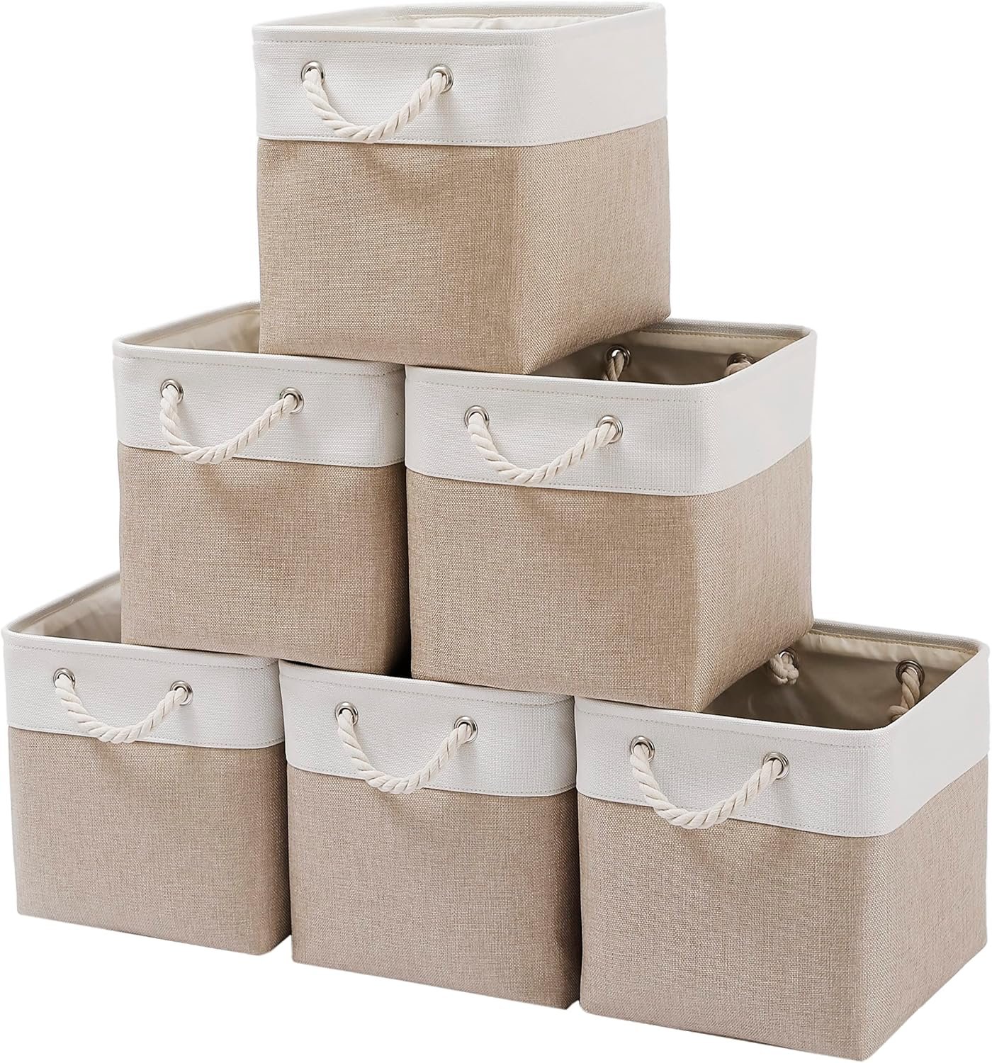 MidmmVick 11 x 11 Inch Cube Storage Bins, 6 Pack Large Collapsible Fabric Storage Bin with Ropes, Foldable Storage Cubes for Home, Office,Closet, Clothes, Toys Organizer (White & Beige-11″x11″x11″)