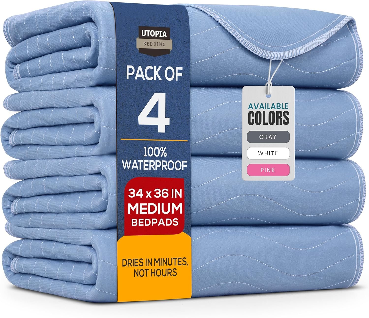 Utopia Bedding Washable Underpads 34″ x 36″ (Pack of 4), Waterproof Reusable Heavy Absorbency Incontinence Bed Pads for Adults, Kids, Elderly and Pets, Bedwetting Pads for Sofa and Couch (Blue)