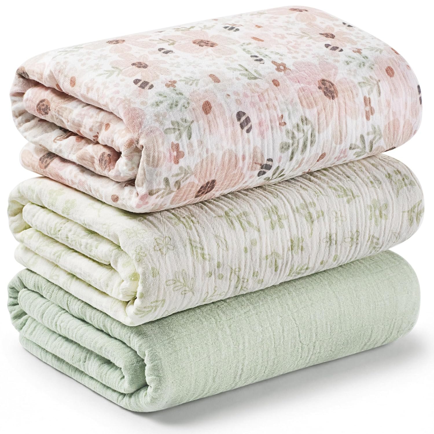 3-Pack Muslin Swaddle Blankets for Newborns Boy,Girl – 47×47 Large Cotton Muslin Baby Blanket, Nursery Swaddling, Neutral, Soft, Breathable, Light Infant Baby Receiving Cover (Flora Vale, Regular)