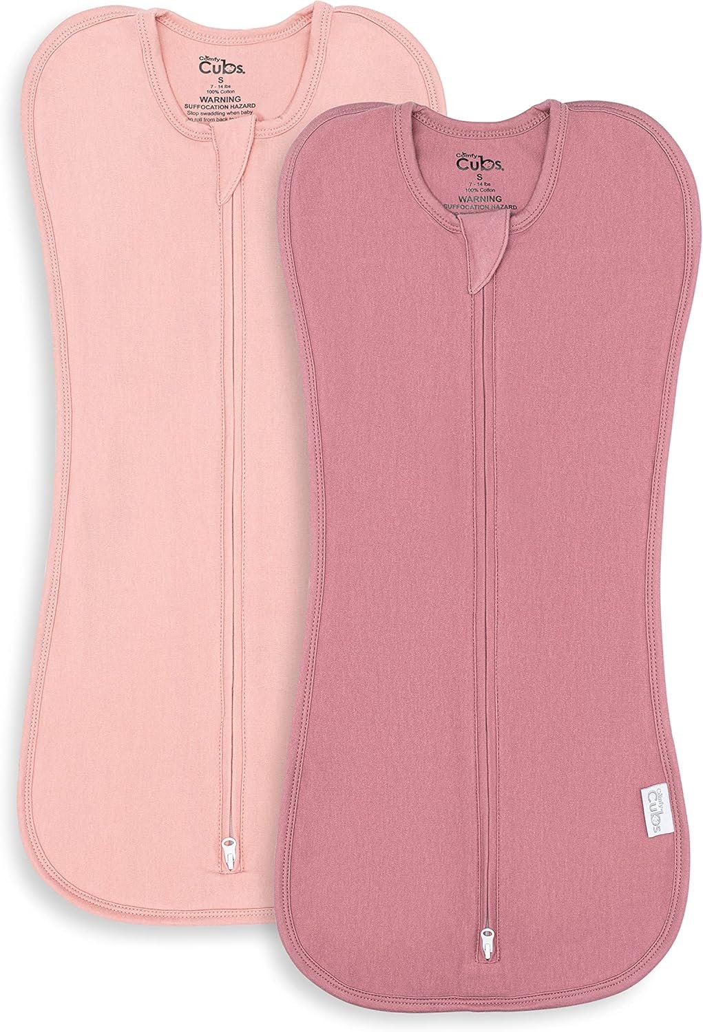Comfy Cubs Swaddle Blanket Baby Girl Boy Easy Zipper Wrap 2 Pack Newborn Infant Sleep Sack (Small 0-3 Months, Blush, Mauve)