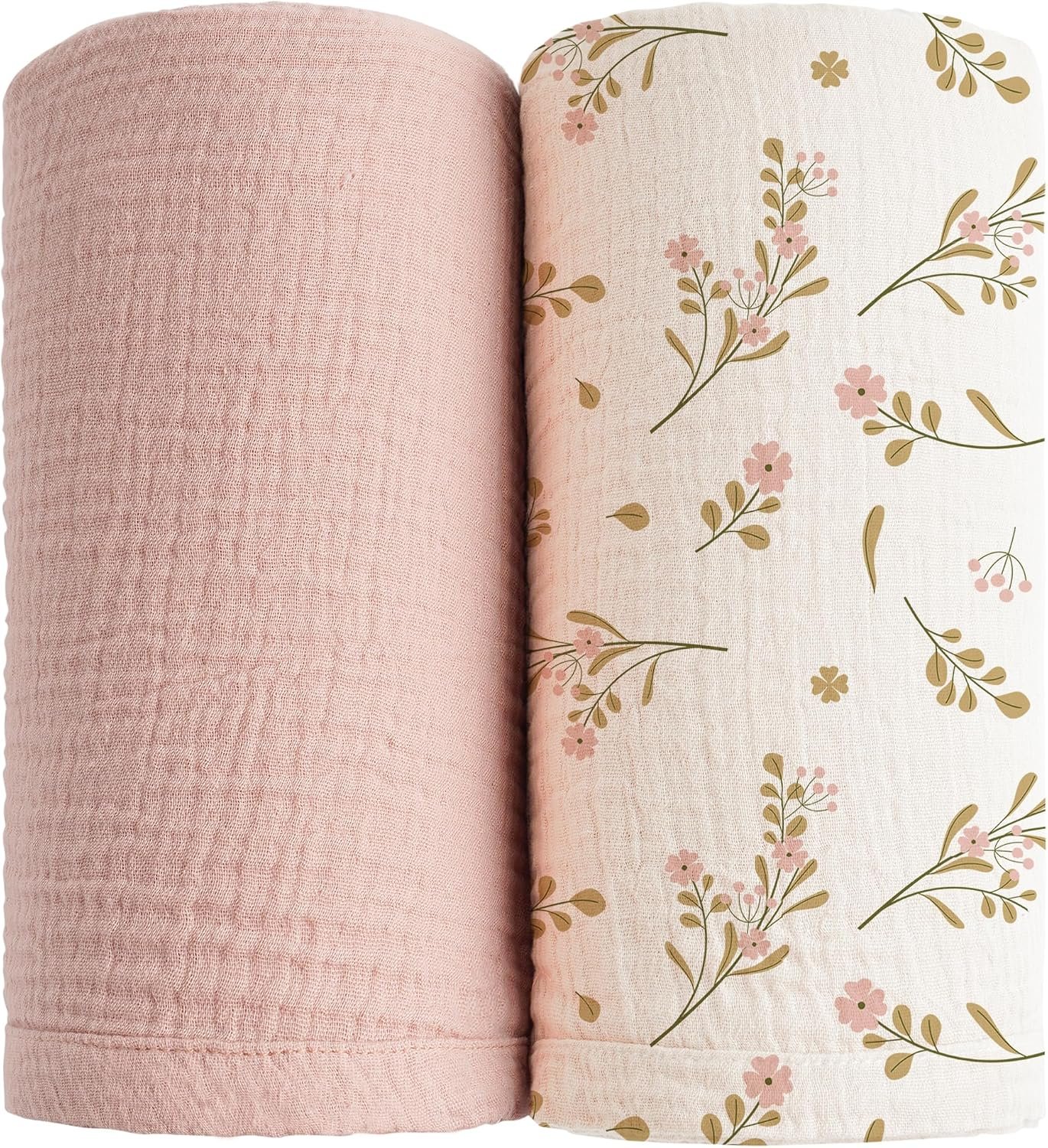 Konssy Muslin Swaddle Blankets for Girls Boys 2 Pack, 100% Cotton Receiving Baby Blanket Large 47 x 47 inches, Soft Breathable Swaddling Wrap for Unisex Newborn (Pink, Floral)