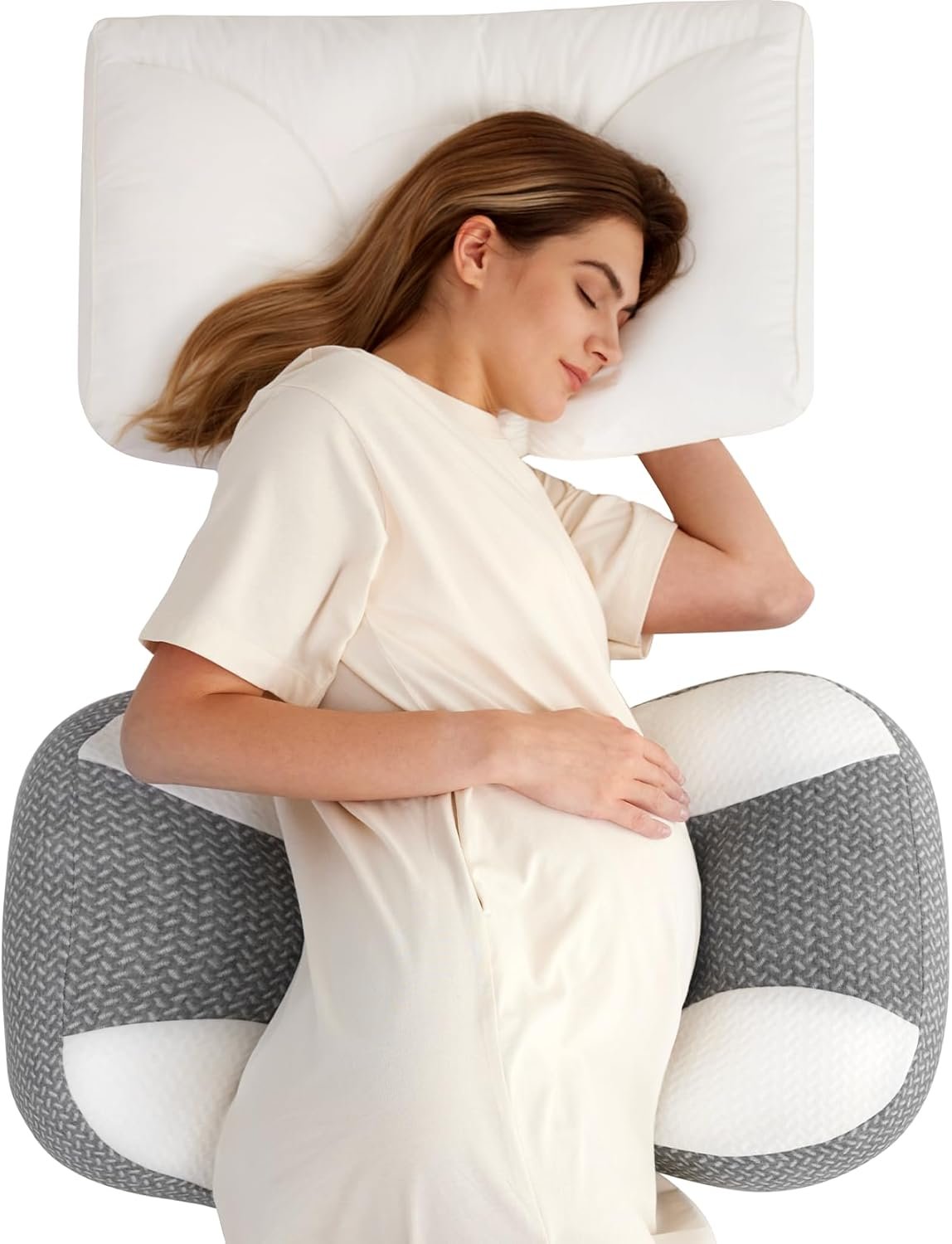 Momcozy Plus W Shaped Pregnancy Pillow for Sleeping – Adjustable Maternity Pillow for Side Sleepers – Portable Wedge Belly Support -Compact Design for Back Belly and HIPS, Grey White