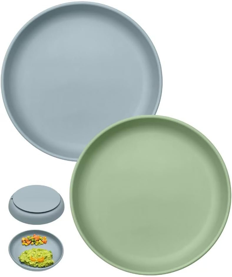 Silicone Toddler Plates with Suction, Baby Dinner Dishes BPA Free | 2 Pcs Kids Plates, Classic Open Design, Non Toxic & Spill Proof, Microwave & Dishwasher Safe, Unbreakable & Stackable