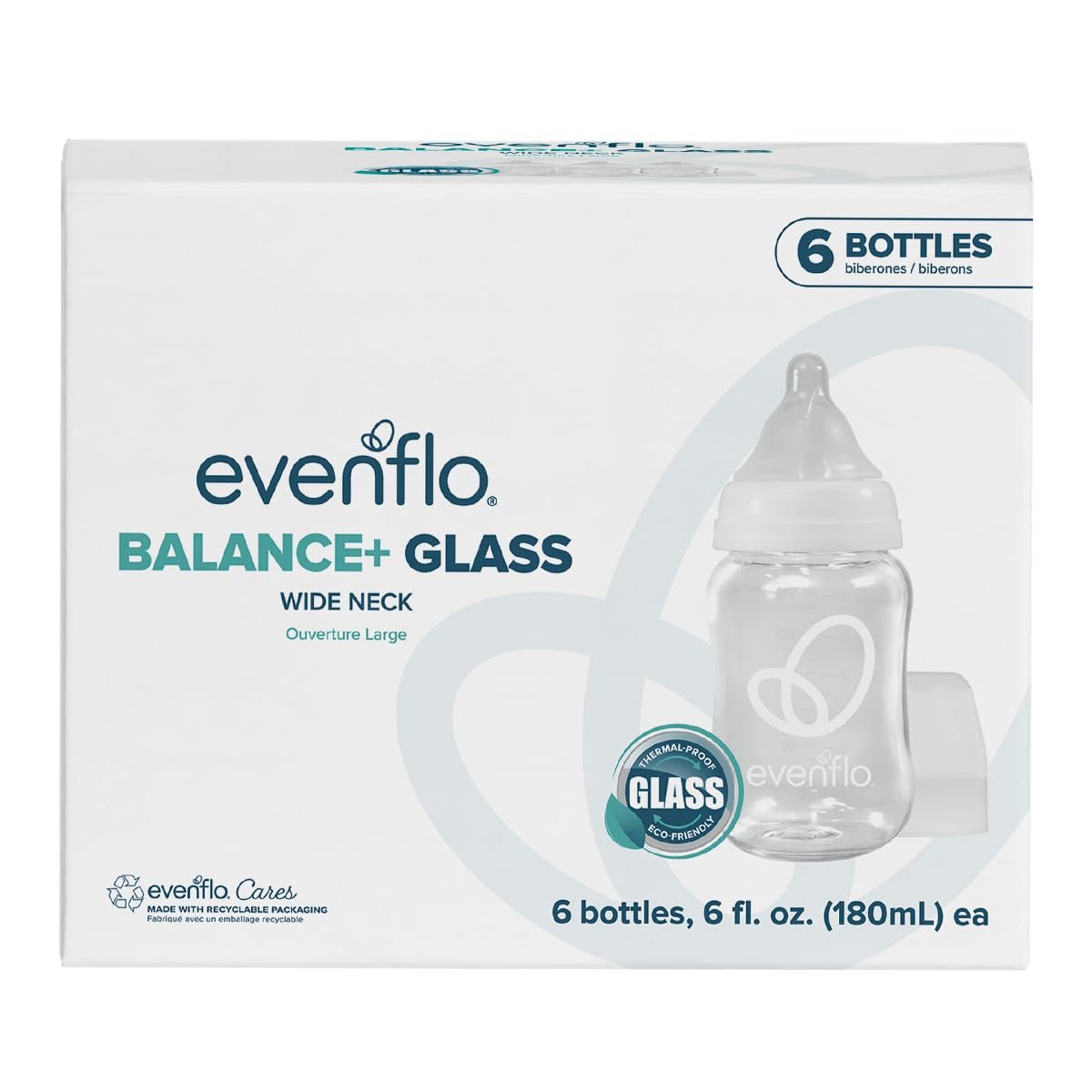 Evenflo Balance+ Glass Wide Neck Baby Bottles, Clear, 6 fl oz, 6 Pack