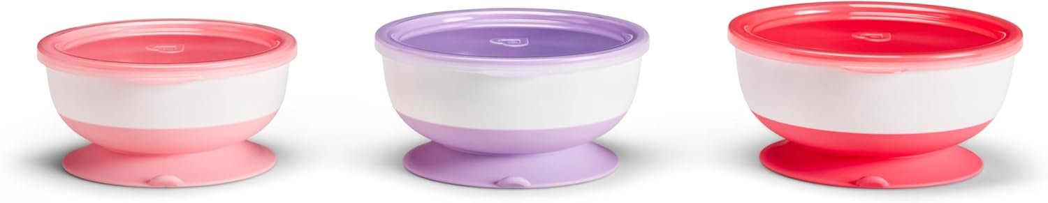 Munchkin Stay Put Munchkin Suction Baby Bowls with Lids – Dishes for Babies and Toddlers, Self-Feeding Bowl Set for Kids 6+ Months, 3 Pack, Pink/Purple
