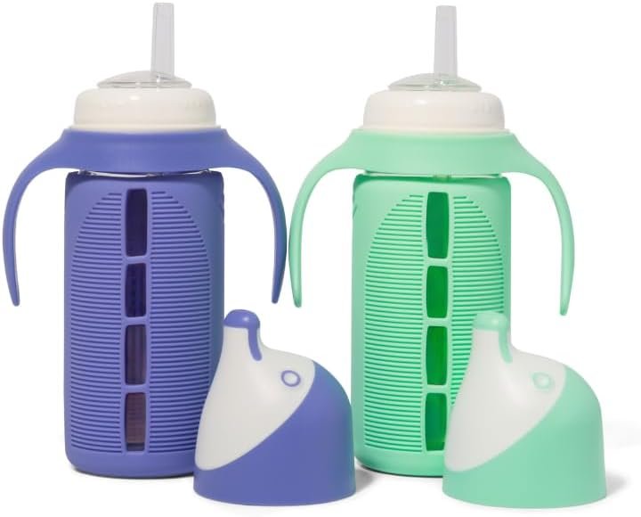 Tabor Place Set of 2 – Glass Sippy Cup for Toddlers – The Luca | Mint Green & Indigo Purple | Spill-Proof | Silicone Straw | 8 oz | Liquids Never Touch Plastic | Removable Handles…