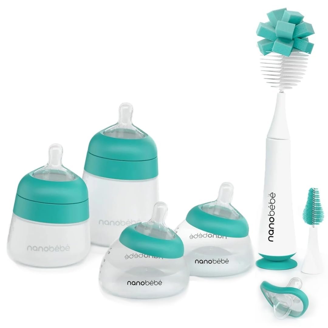 Nanobebe Breastmilk and Silicone Baby Bottle Ultimate Set Gen 2, 5oz and 9oz – with Sterilizer, Drying Rack, Anti-Colic Nipples, Pacifiers, and Warmer – Teal