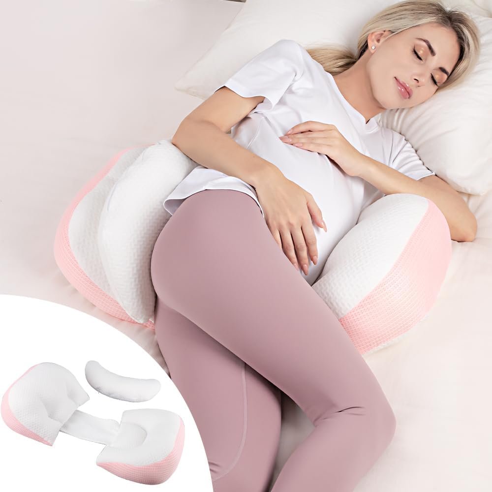 Chilling Home Pregnancy Pillow for Sleeping Portable, Maternity Pillow for Side Sleeper, Travel Wedge Pillow, Body Pillow Support for Back, Belly, with Removable Cover, Pink
