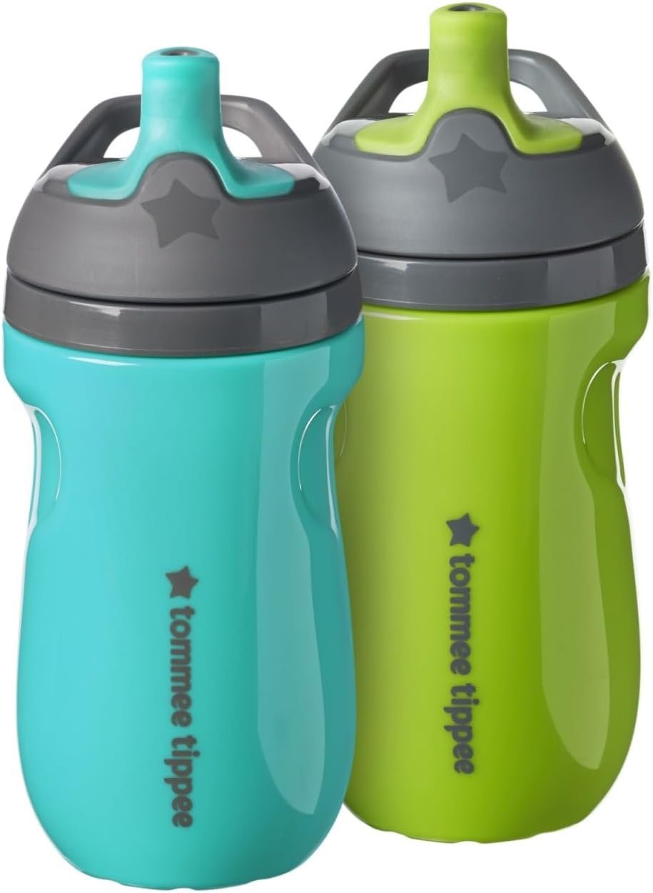 Tommee Tippee Insulated 9oz Sporty Spout Toddler Water Bottle, No Spill, Sippy Cups for Toddlers 1-3, Two-Piece Valve Helps Stop Spills, Green & Teal, BPA Free, Pack of 2