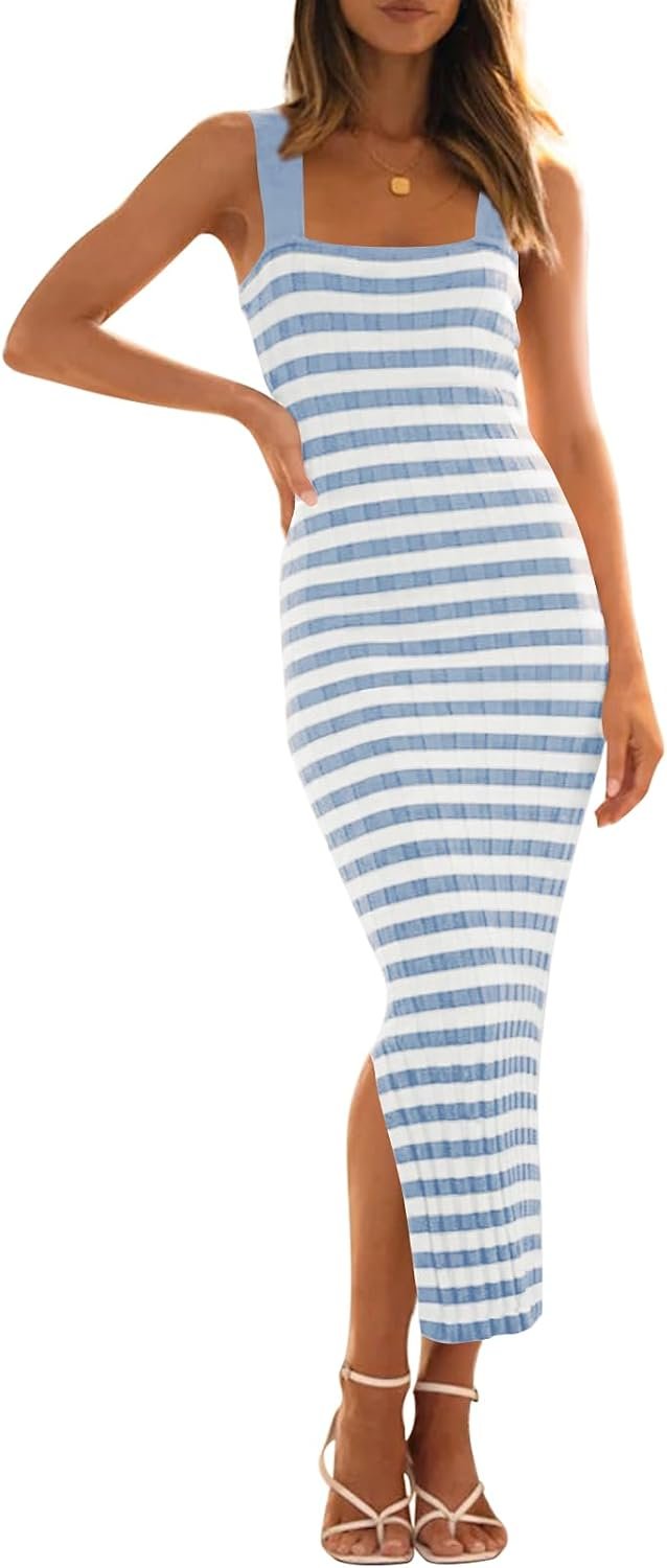 MEROKEETY Womens Summer Striped Bodycon Midi Dress 2026 Beach Vacation Sleeveless Tank Ribbed Knit Baby Shower Sweater Dress