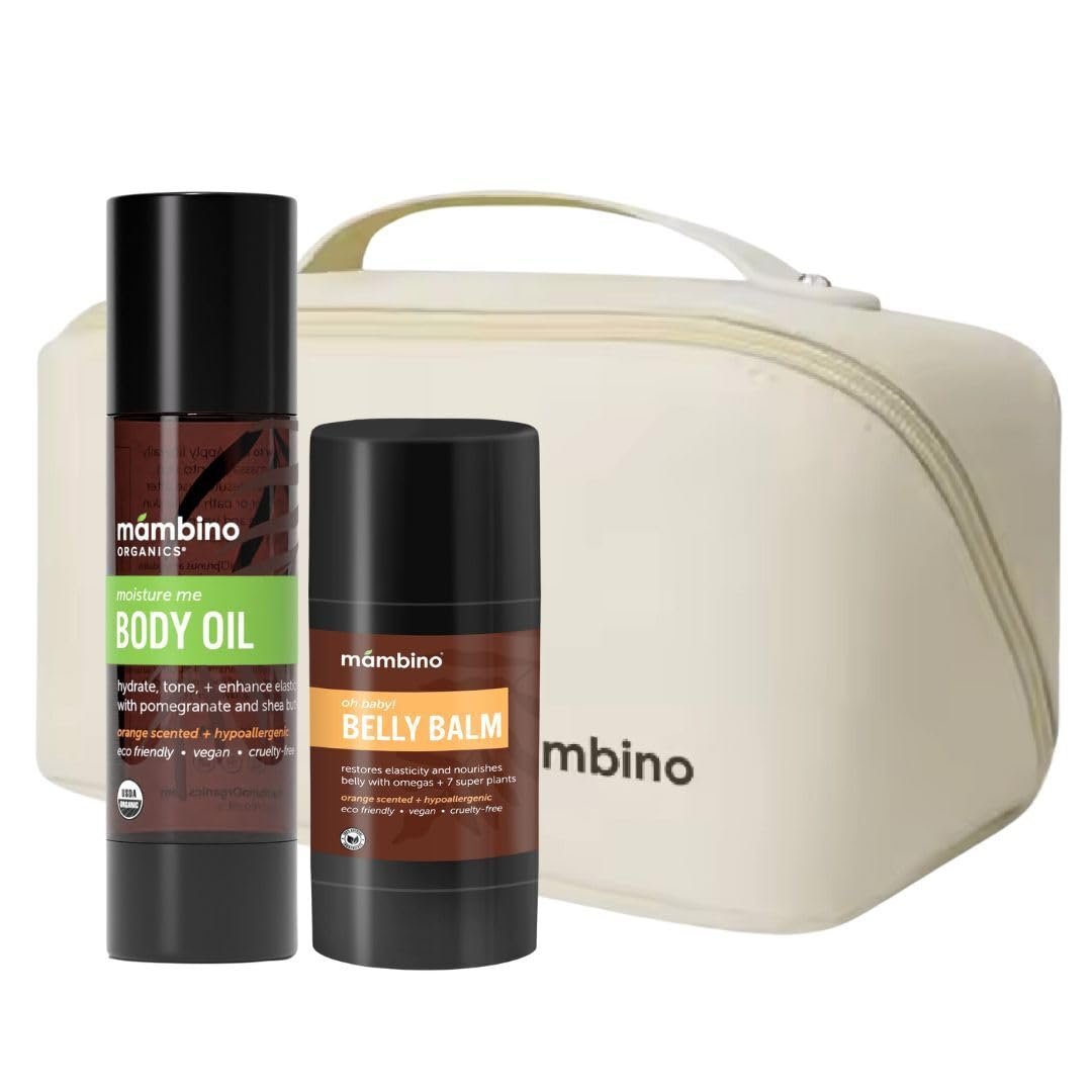Mambino Organics Maternity Gift Set – Moisture Me Body Oil & Oh Baby! Belly Balm – Anti-Stretch Duo Kit with Free Bag