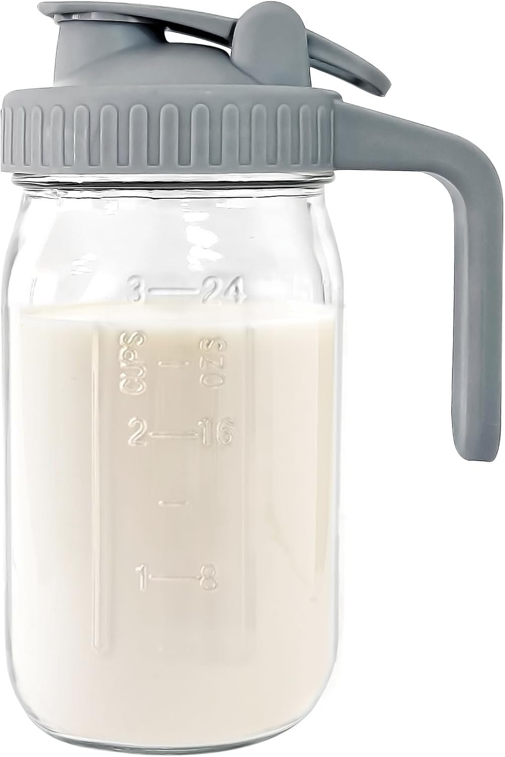 JunVpic Breast Milk Pitcher – 32 oz Glass Mason Jar with Dual Leak-Proof Design, Airtight Seal, Pour Spout & Handle, Storage Container for Breastmilk, Iced Tea & Ice Drinks（Gray）