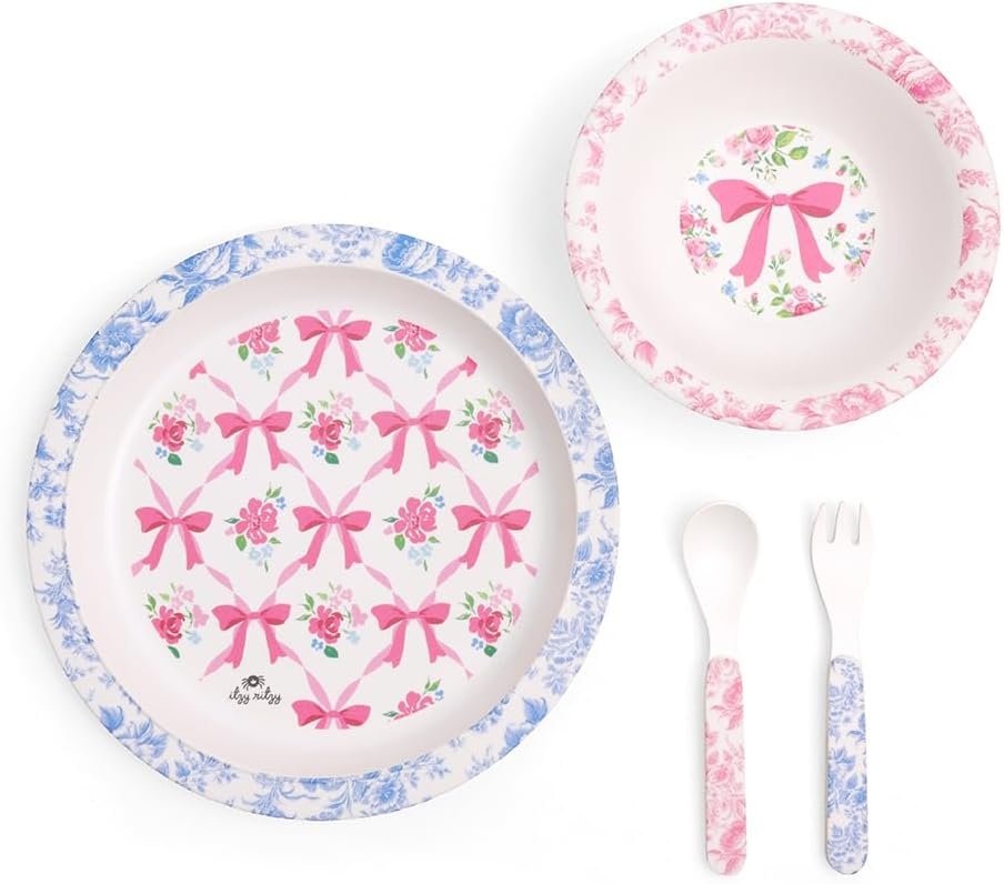 Itzy Ritzy Kids Dinnerware Set – Toddler Mealtime Dining Set for Ages 6+ Months with Melamine Plate, Bowl, Fork & Spoon – Dishwasher Safe Baby Feeding Set For Independent Eating (Ribbons & Roses)