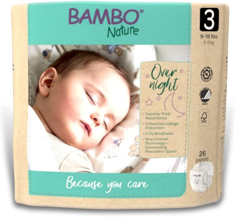 Bambo Nature Hypoallergenic Overnight Baby Diapers, Eco-Labelled Overnight Diapers, Totally Chlorine-Free, Skin Friendly, Super Absorbent – Size 3 (26 Count)