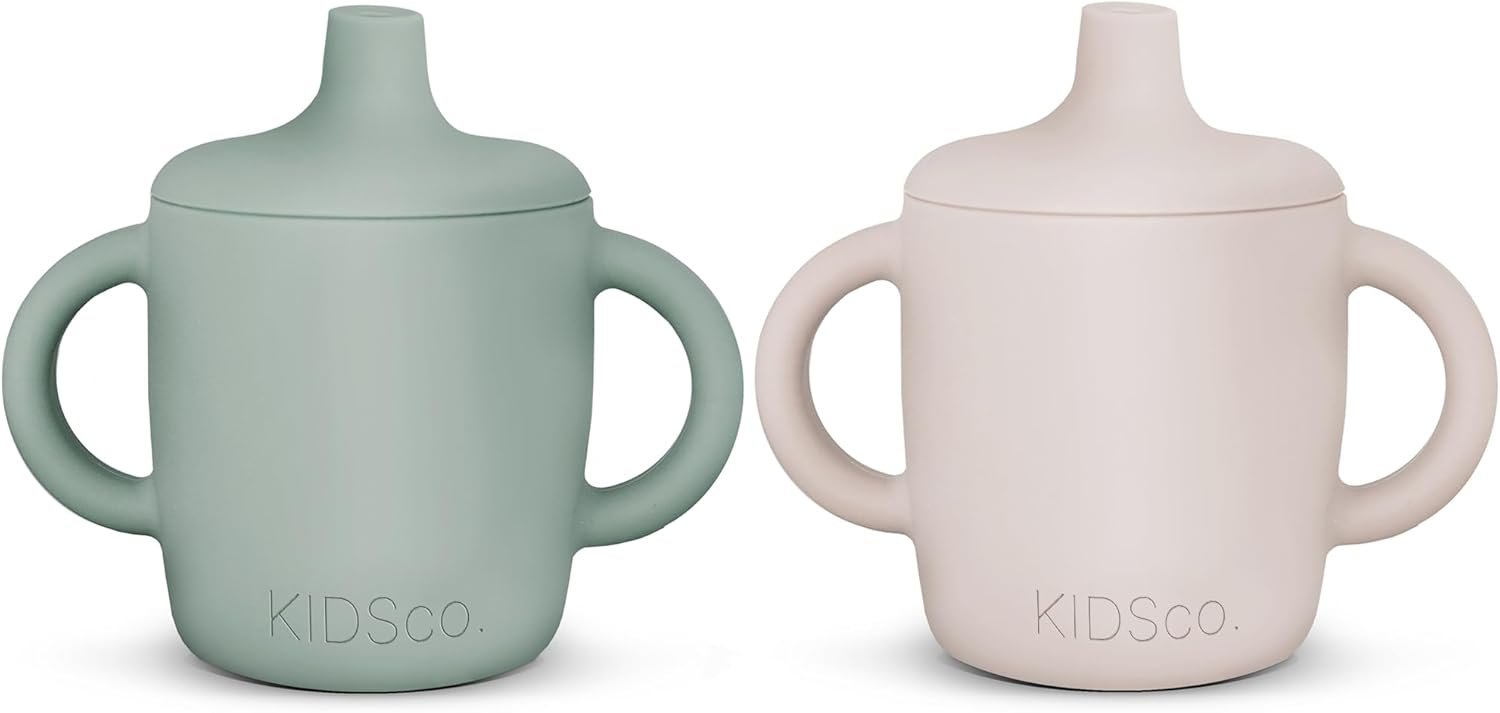 KIDSco. Silicone Sippy Cups (2 Pack) – Soft Spout & Easy Grip Handles for Babies 6+ months, Plastic Free, Toxic Free Silicone, Leak-Resistant, Dishwasher Safe (Green and Sandy Shore)
