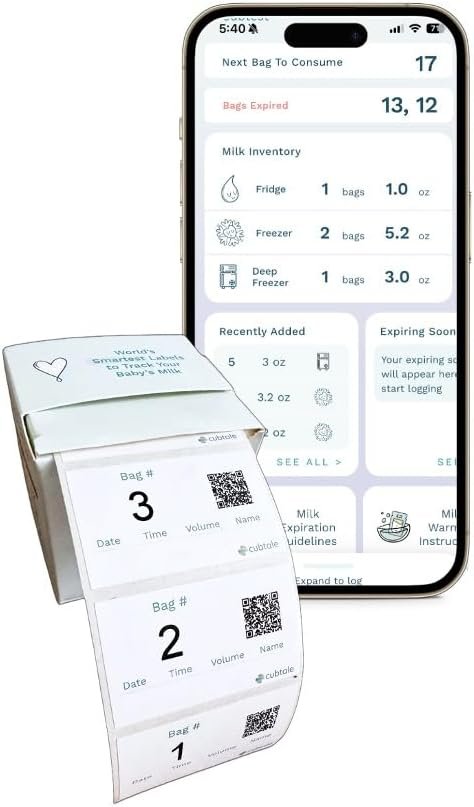 Cubtale Smart Milk Bag Labels – Breast Milk Expiration, Inventory & Storage Tracking with QR Code – Caregiver Access to Breastfeeding Details – 500 Consecutively Numbered Self-Adhesive Labels
