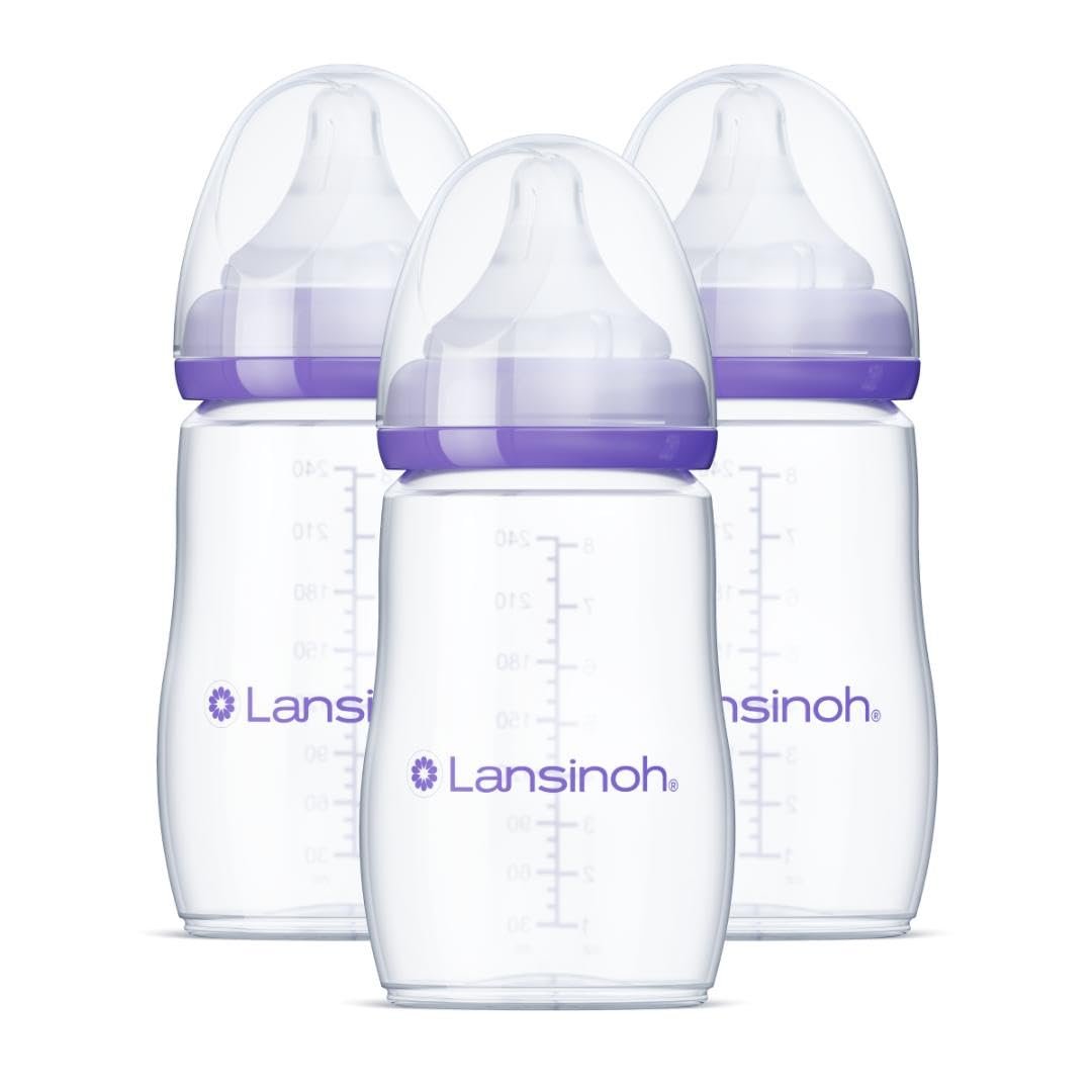 Lansinoh Anti-Colic Baby Bottles, BPA-Free Plastic, 8 Ounces, 3 Count, Medium Flow Nipples (Size M), Breastfeeding Bottle with NaturalWave Design, Baby Essentials