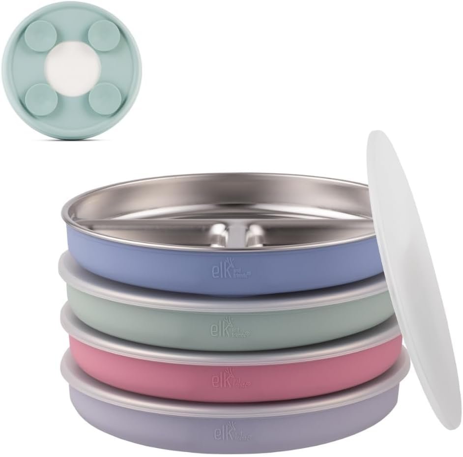 Elk and Friends Kids Stainless Steel Divided Plates with Silicone Suction Sleeves | Lids Included | Suitable for Babies/Toddlers | Dishwasher Safe | Stay Put Dinnerware | Snack Dishes | 4 Pack