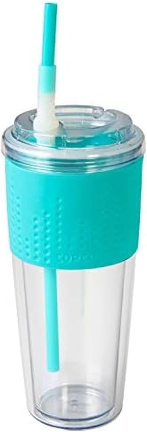 Copco Lock-n-Roll Double Wall Tritian Spill-Proof Tumbler with Soft Grip Sleeve and Patented Flip Up Straw, 20-Ounce, Teal