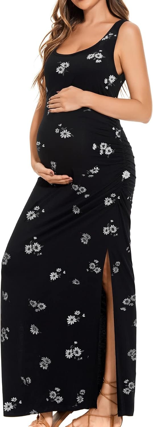 Smallshow Women’s Split Long Maternity Dress Sleeveness Ruched Pregnancy Clothes
