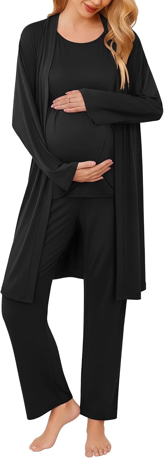 Ekouaer Maternity Nursing Robe Set 3 Pieces Sleeveless Top, Pregnancy Pants & Robe Double Layer Pajamas S-XXL